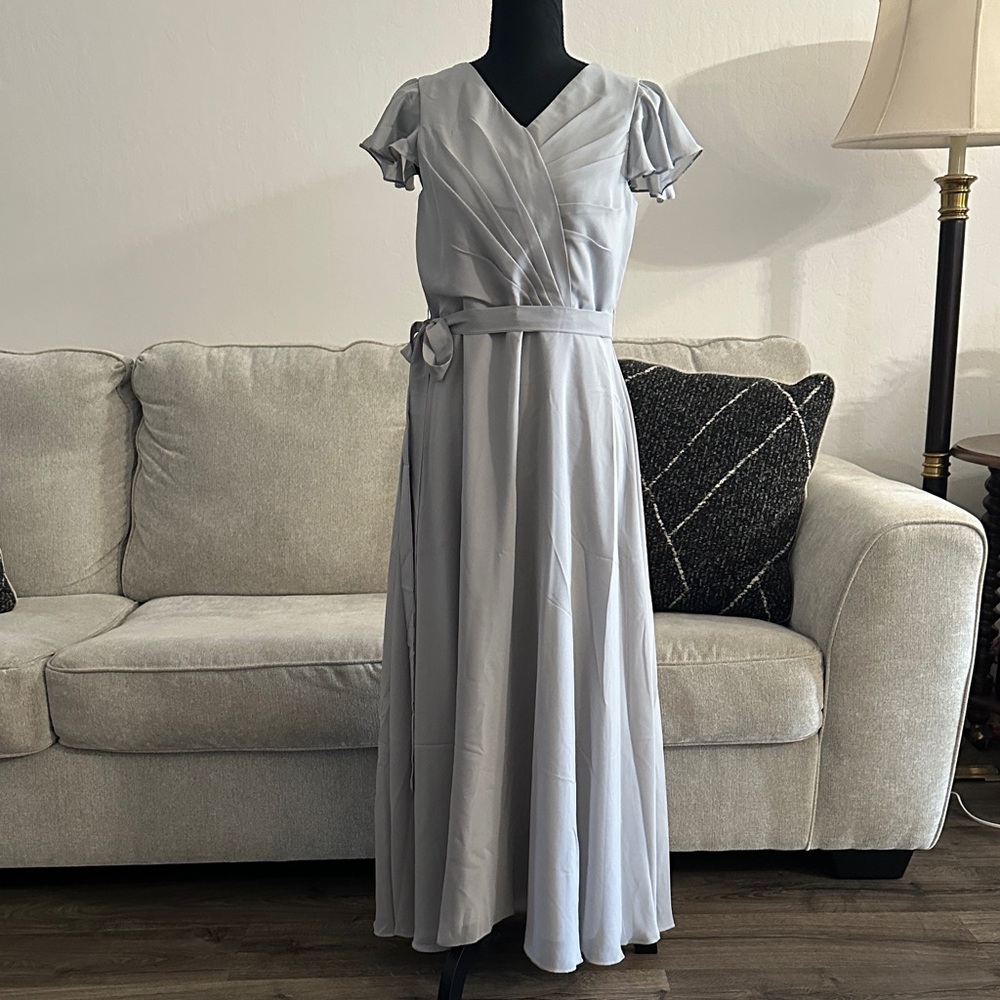 Azazie Junior Bridesmaid Elegant Light Gray Maxi Dress with Flutter Sleeves